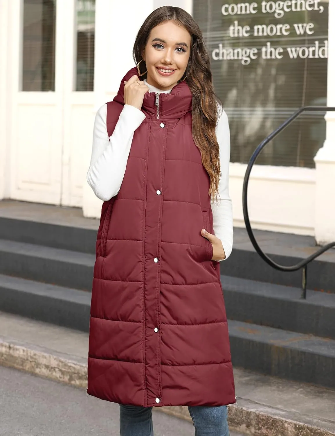 Long Puffer Vest Women Quilted Hooded Vest Zip Up Sleeveless Vests Outerwear Padded Jacket Warm Winter Coat 2024