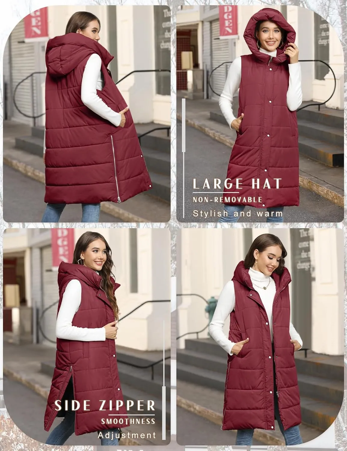 Long Puffer Vest Women Quilted Hooded Vest Zip Up Sleeveless Vests Outerwear Padded Jacket Warm Winter Coat 2024