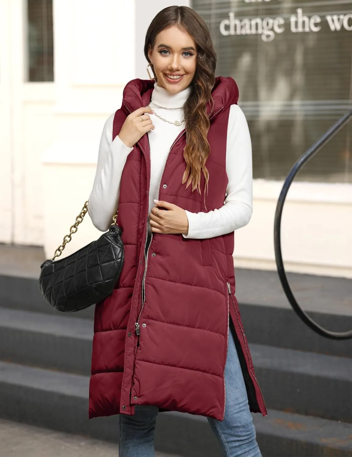 Long Puffer Vest Women Quilted Hooded Vest Zip Up Sleeveless Vests Outerwear Padded Jacket Warm Winter Coat 2024