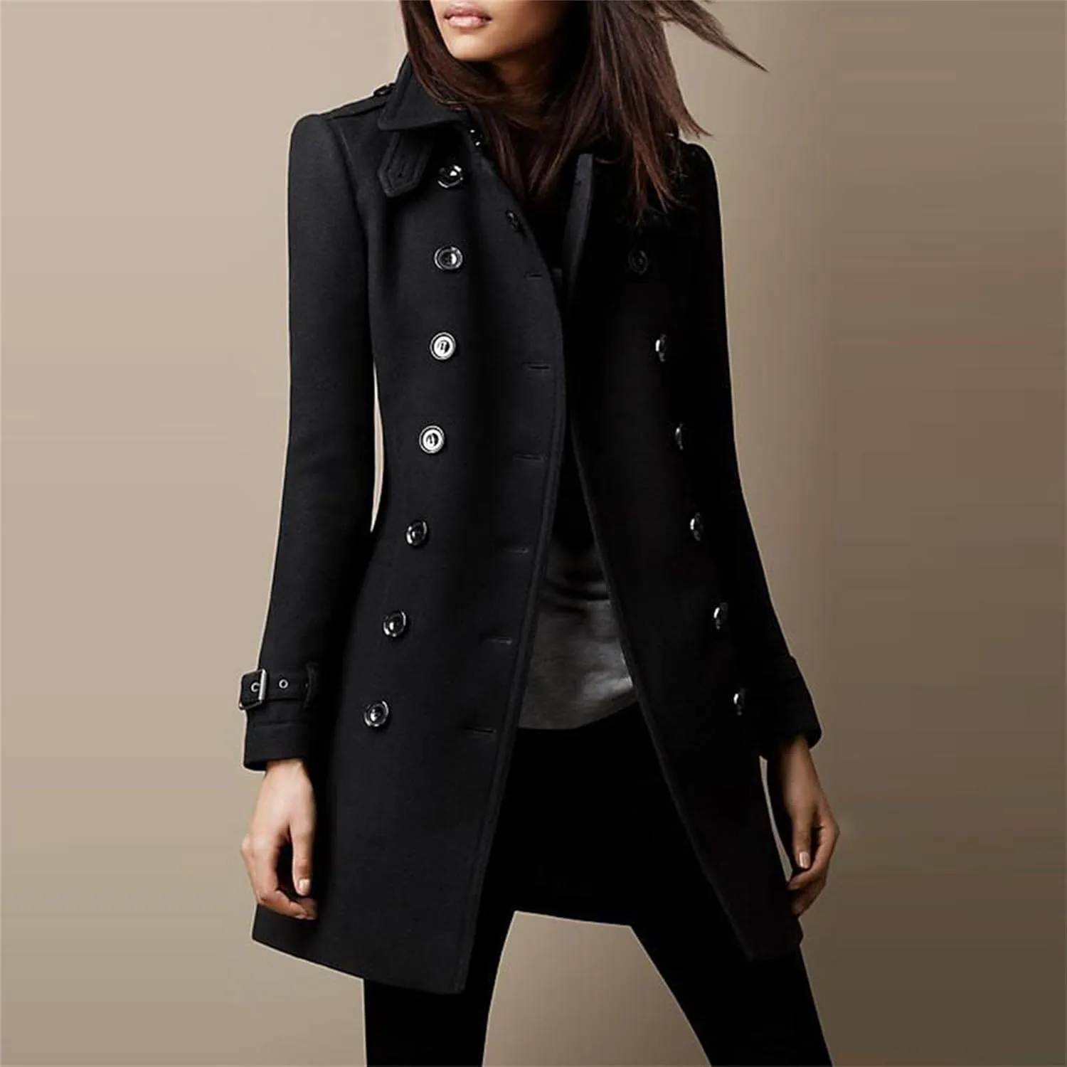 Maiyifu-GJ Womens Mid Long Wool Blend Coats Notched Lapel Collar Double Breasted Coat Fall Winter Jackets Overcoat