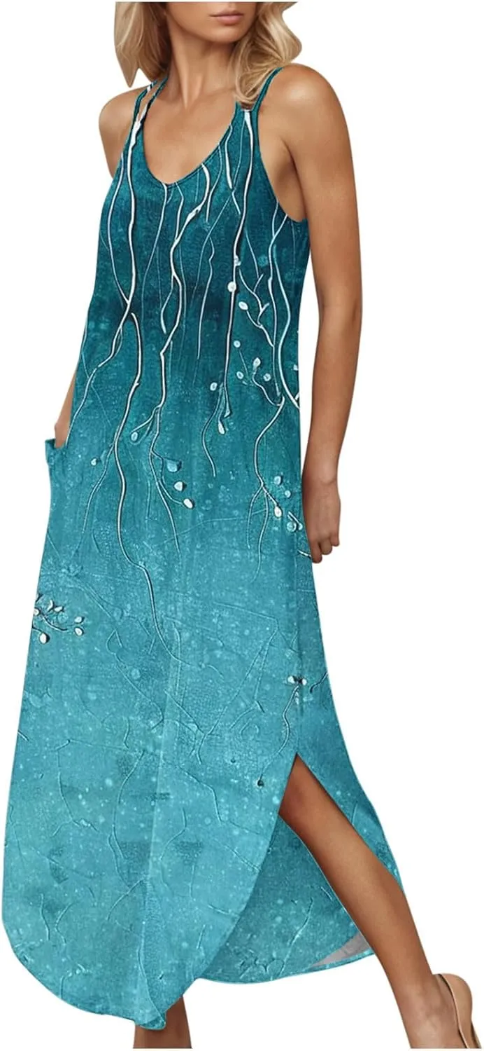 Maxi Dresses for Women 2025 Spaghetti Strap Sleeveless Floral Dress Boho Beach Vacation Sundress Resort Wear