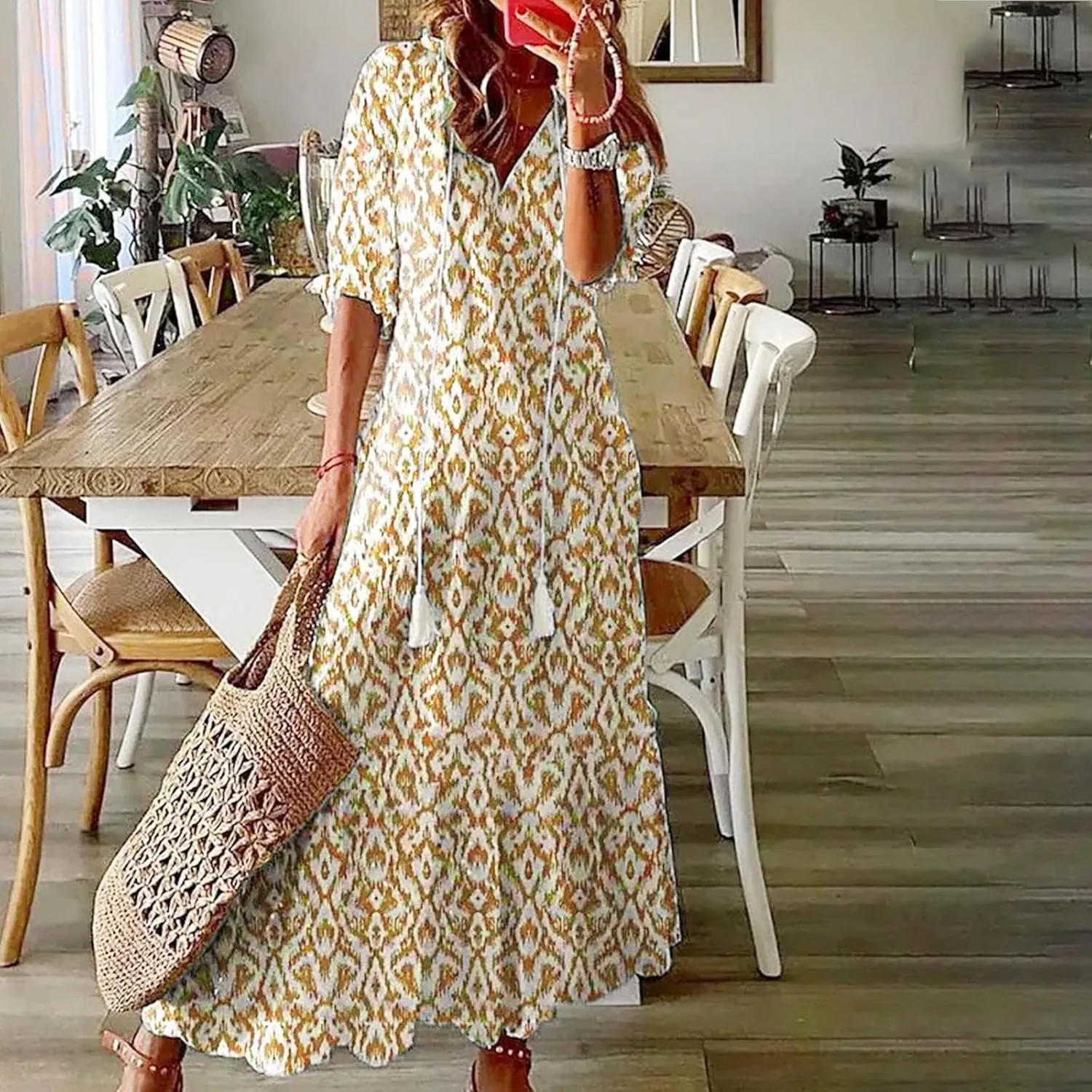 Maxi Dresses for Women 2025 V Neck Vintage Floral Dress Drawstring V Neck Spring Summer Dresses Beach Sundress