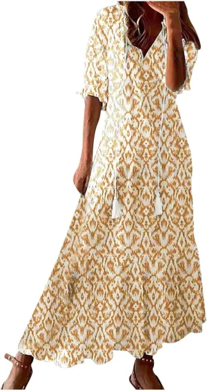Maxi Dresses for Women 2025 V Neck Vintage Floral Dress Drawstring V Neck Spring Summer Dresses Beach Sundress