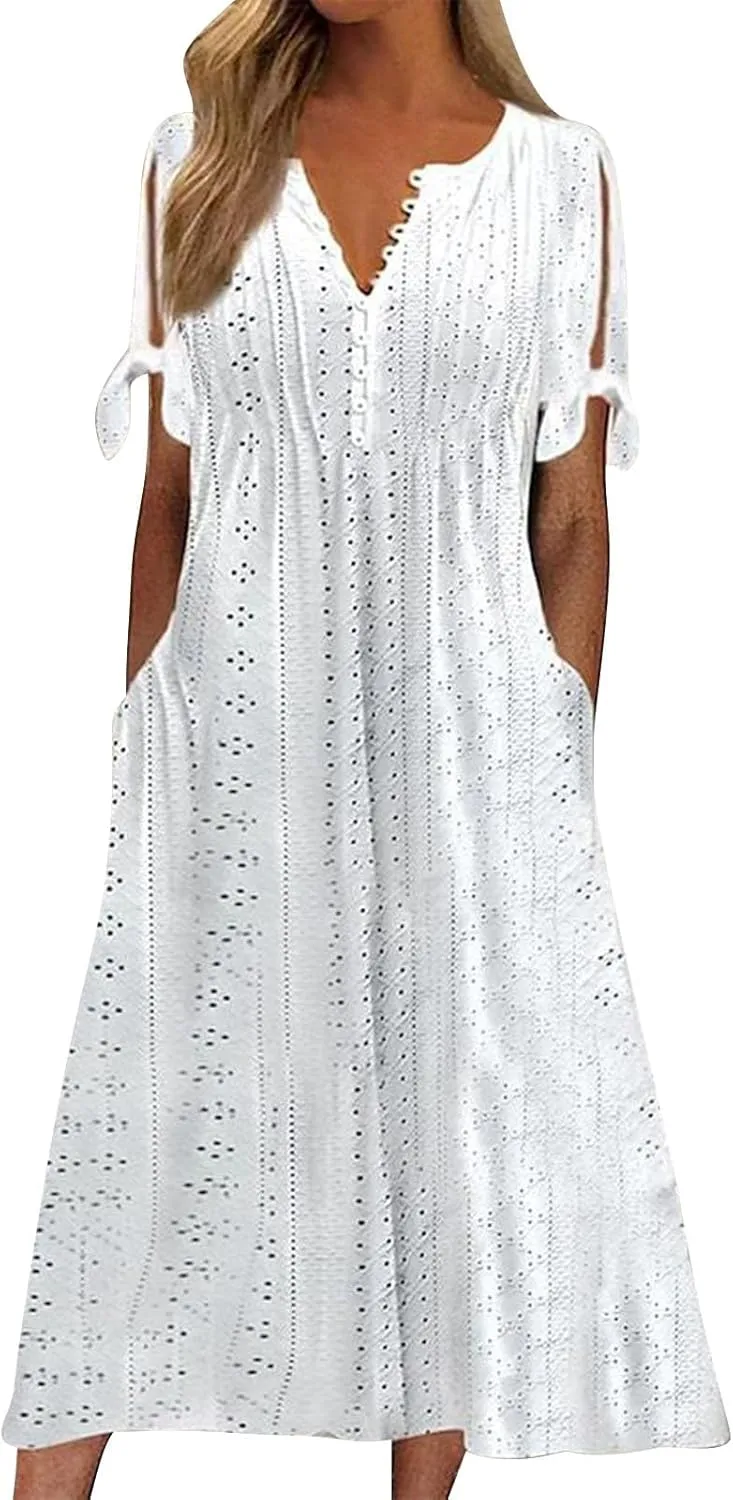 Maxi Long Dresses for Women 2025 Summer Short Sleeve Eyelet Tshirt Dress Casual Beach Vacation Fashion Sundress