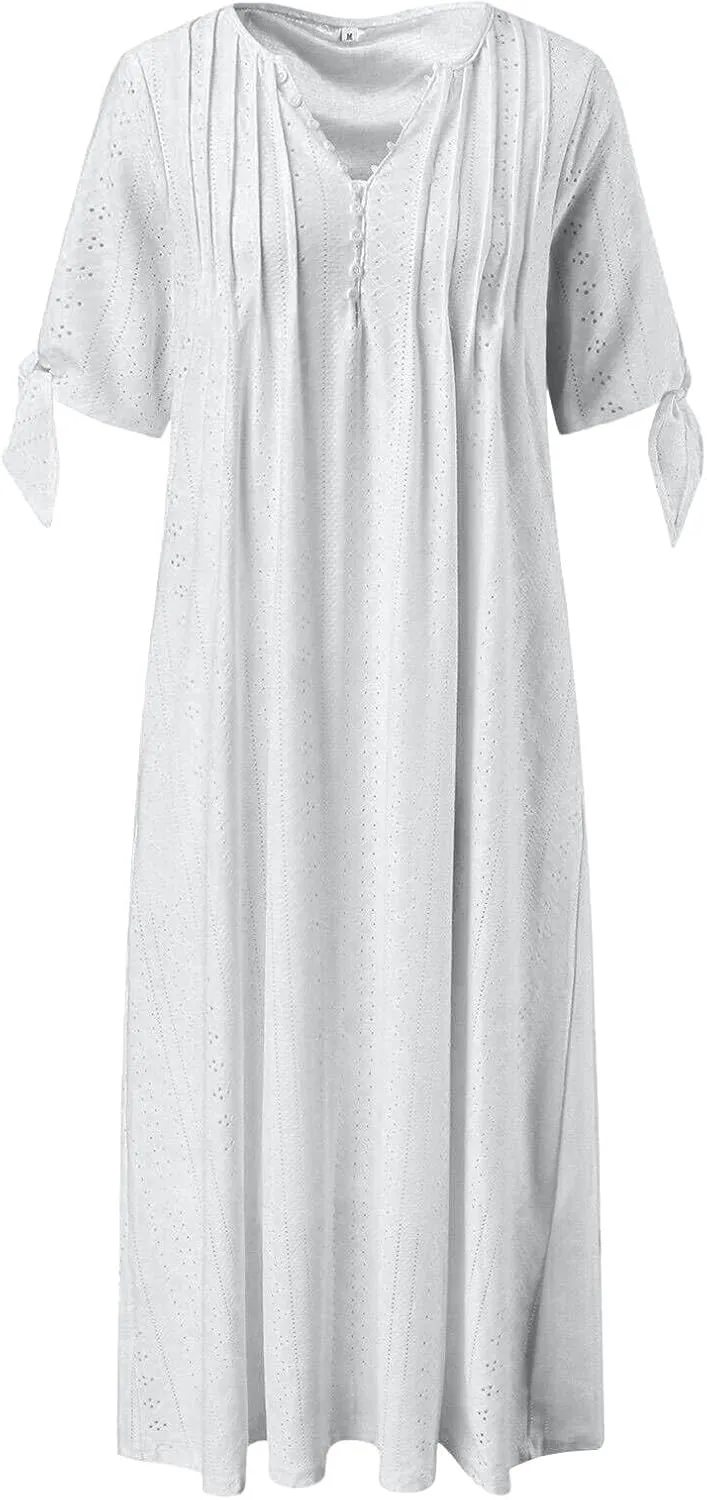 Maxi Long Dresses for Women 2025 Summer Short Sleeve Eyelet Tshirt Dress Casual Beach Vacation Fashion Sundress