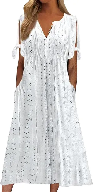 Maxi Long Dresses for Women 2025 Summer Short Sleeve Eyelet Tshirt Dress Casual Beach Vacation Fashion Sundress