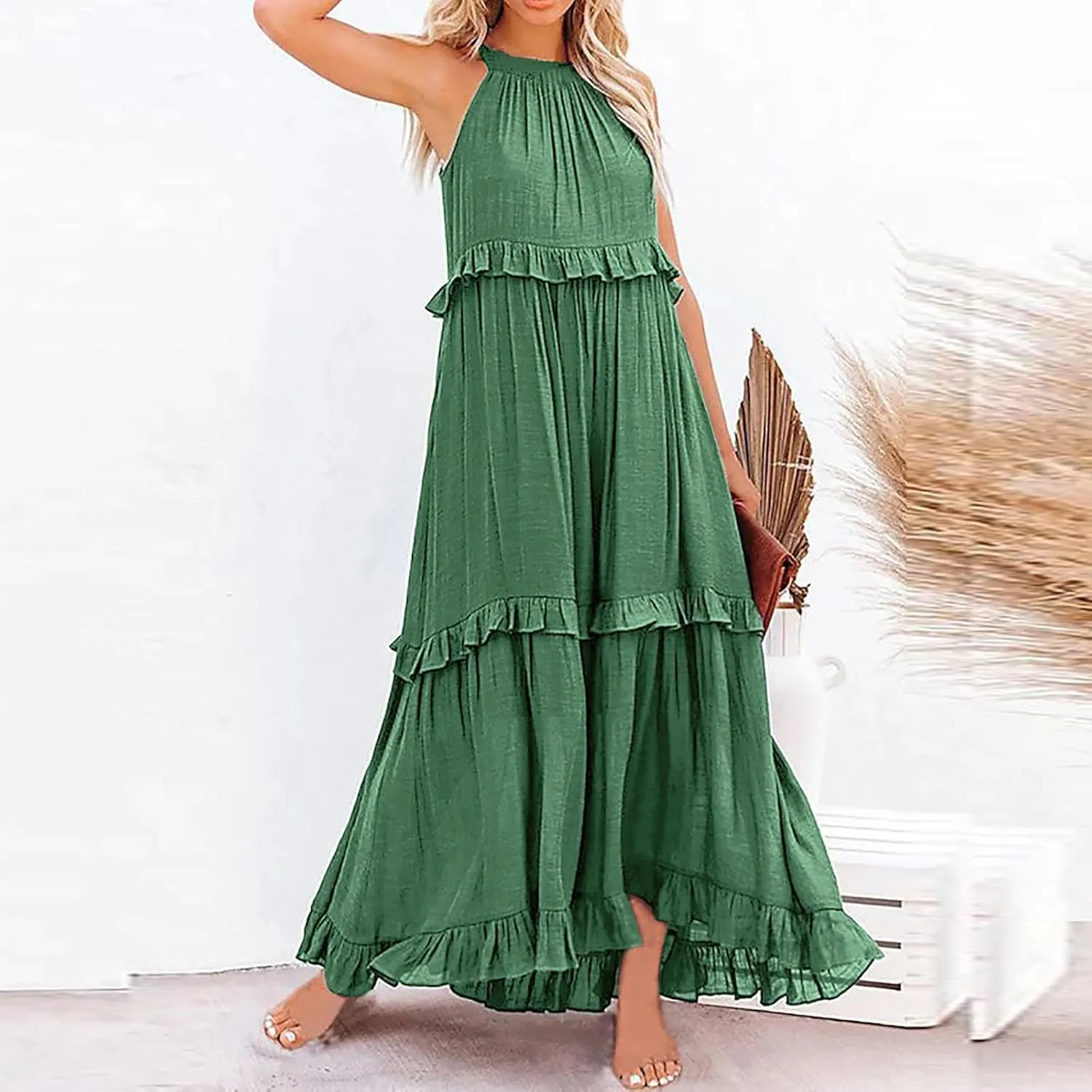 Maxi Long Dresses for Women 2025 Trendy Sleeve Sexy Tiered Flowy Dress Loose Fit Smocked Ruffle Swing Beach Sundresses