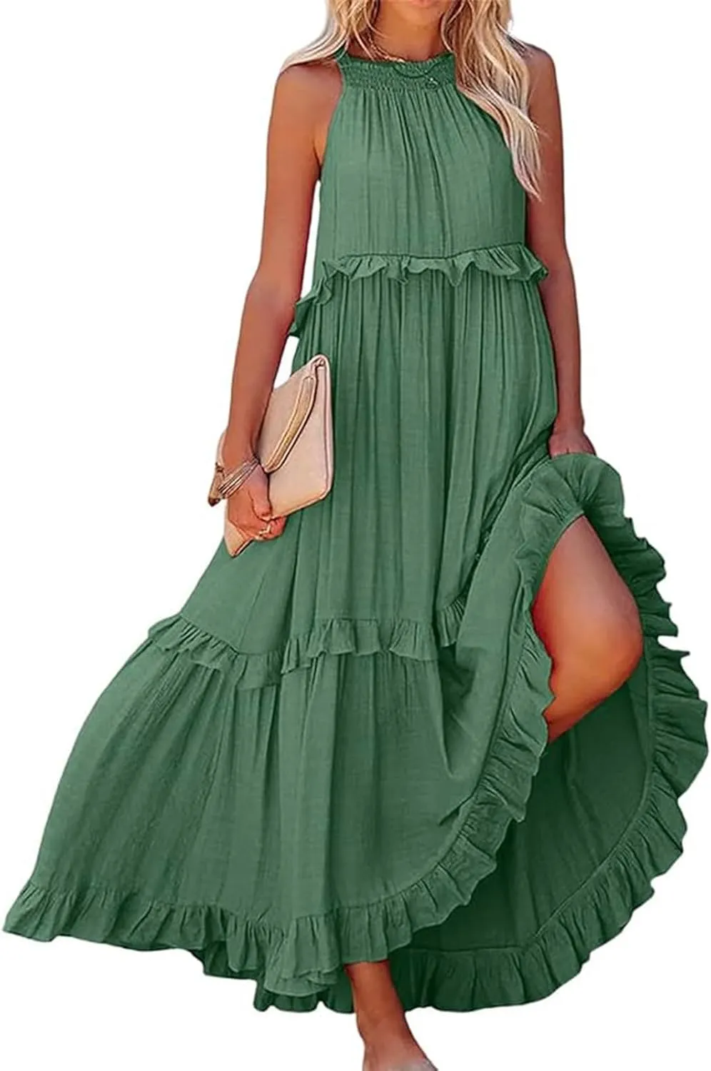 Maxi Long Dresses for Women 2025 Trendy Sleeve Sexy Tiered Flowy Dress Loose Fit Smocked Ruffle Swing Beach Sundresses