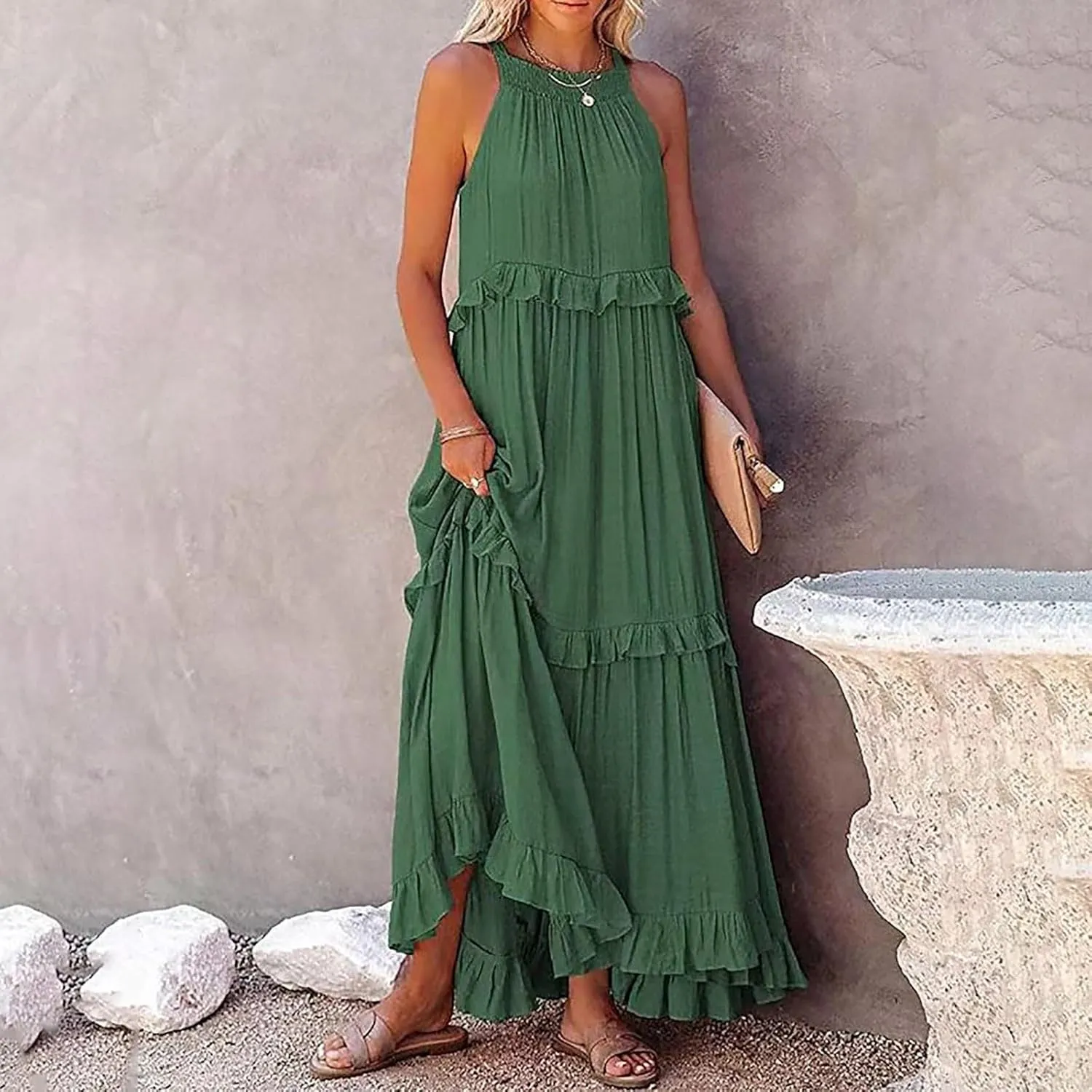 Maxi Long Dresses for Women 2025 Trendy Sleeve Sexy Tiered Flowy Dress Loose Fit Smocked Ruffle Swing Beach Sundresses