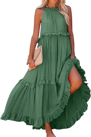 Maxi Long Dresses for Women 2025 Trendy Sleeve Sexy Tiered Flowy Dress Loose Fit Smocked Ruffle Swing Beach Sundresses