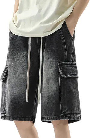 Men Y2K Baggy Jean Shorts Summer Casual Hip Hop Aesthetic Pants Loose Fit Denim Shorts with Pockets Streetwear