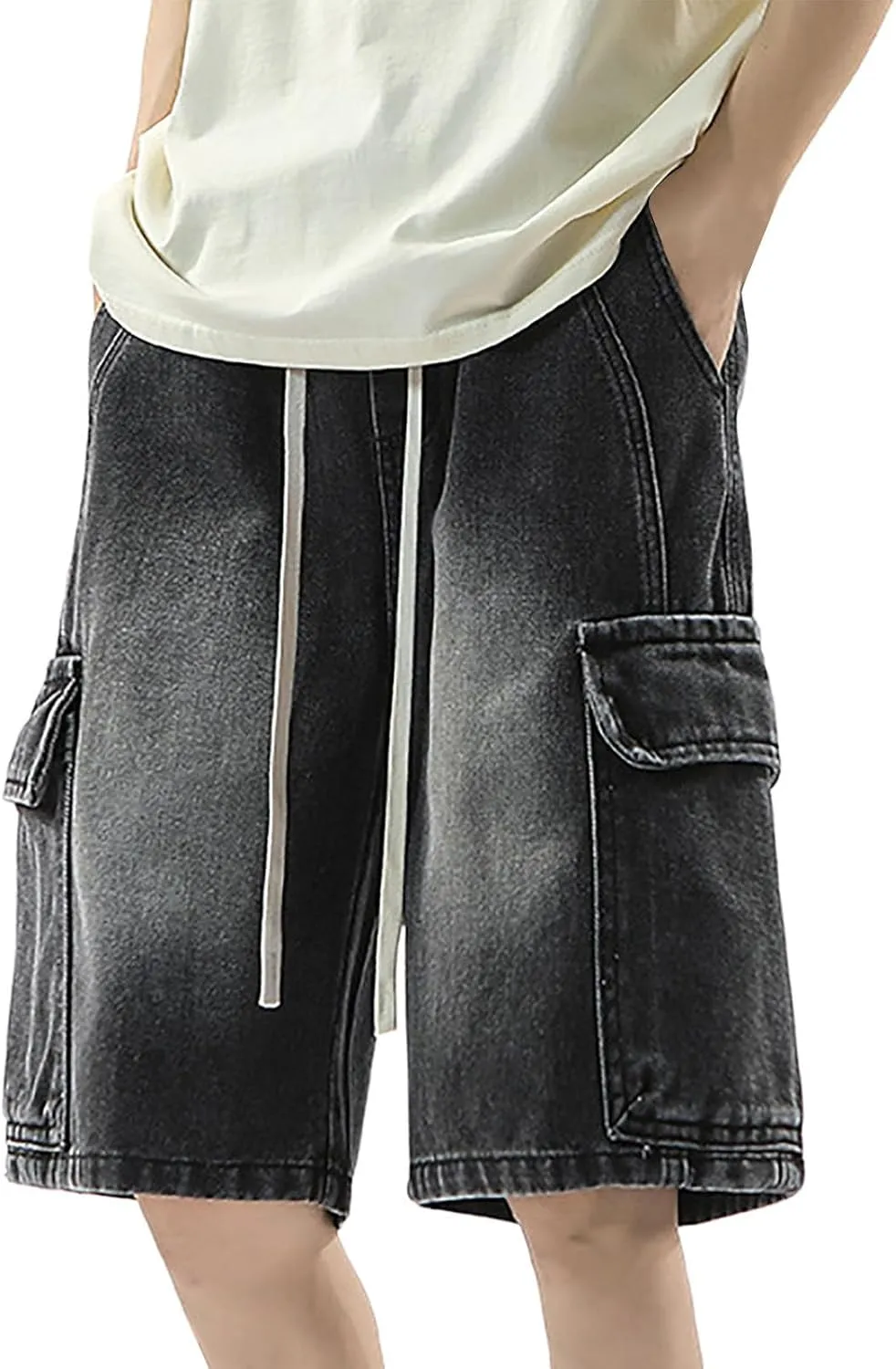 Men Y2K Baggy Jean Shorts Summer Casual Hip Hop Aesthetic Pants Loose Fit Denim Shorts with Pockets Streetwear