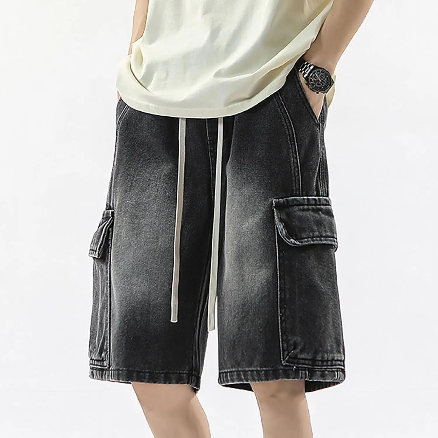 Men Y2K Baggy Jean Shorts Summer Casual Hip Hop Aesthetic Pants Loose Fit Denim Shorts with Pockets Streetwear