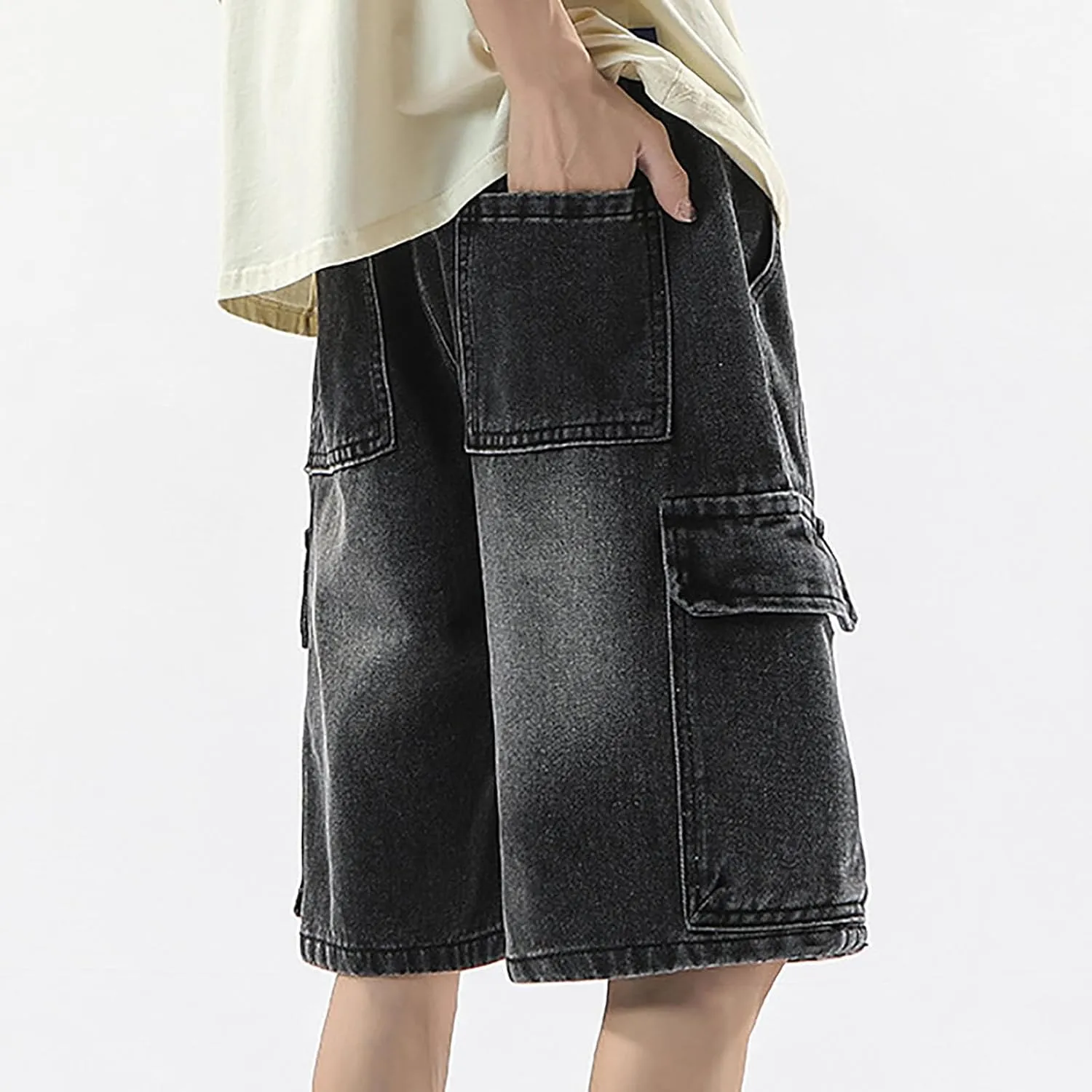 Men Y2K Baggy Jean Shorts Summer Casual Hip Hop Aesthetic Pants Loose Fit Denim Shorts with Pockets Streetwear