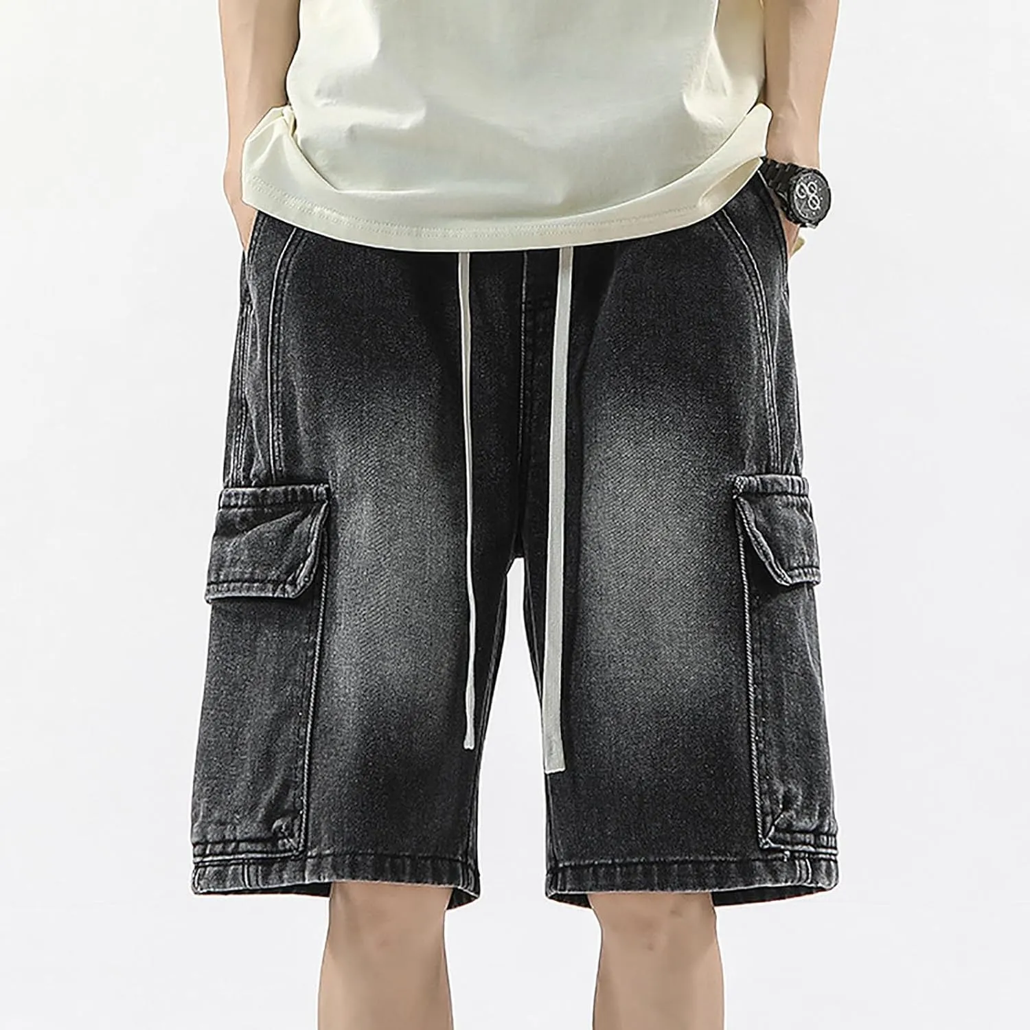 Men Y2K Baggy Jean Shorts Summer Casual Hip Hop Aesthetic Pants Loose Fit Denim Shorts with Pockets Streetwear