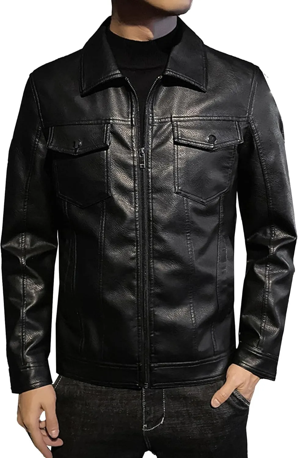 Men'S Casual Leather Jacket Racer Zip Up Moto Jackets Of Men Lapel Cool Biker Jackets