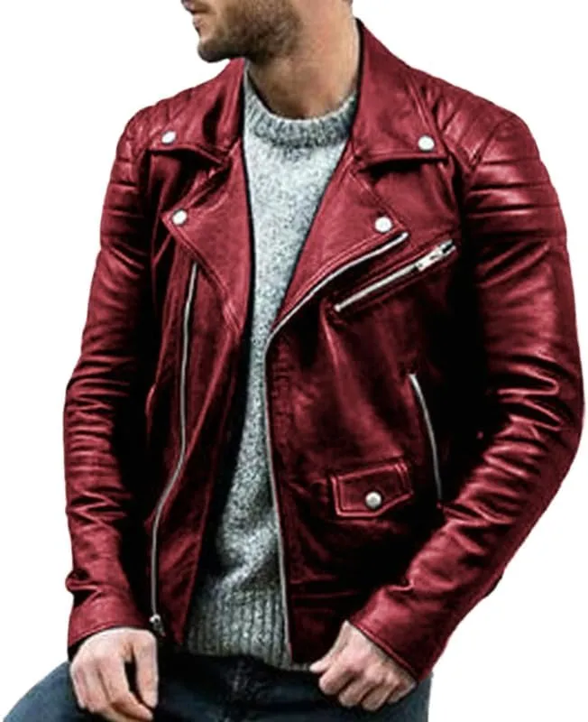 Men's Causal Leather Jackets Lapel Faux Leather Rocker Jackets Men's Zipper Moto Biker PU Leather Coat