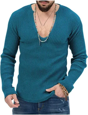 Mens Deep V Neck Sweater Long Sleeve Solid Knitted Jumpers Loose Fitting Rib Knit Pullover Stylish Sweater Tops