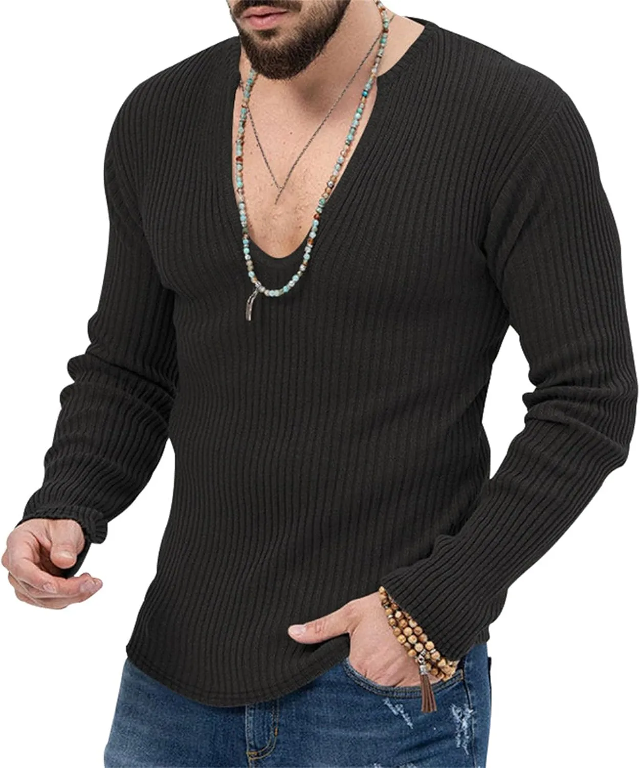 Mens Deep V Neck Sweater Long Sleeve Solid Knitted Jumpers Loose Fitting Rib Knit Pullover Stylish Sweater Tops