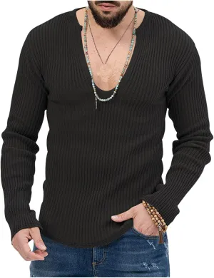 Mens Deep V Neck Sweater Long Sleeve Solid Knitted Jumpers Loose Fitting Rib Knit Pullover Stylish Sweater Tops