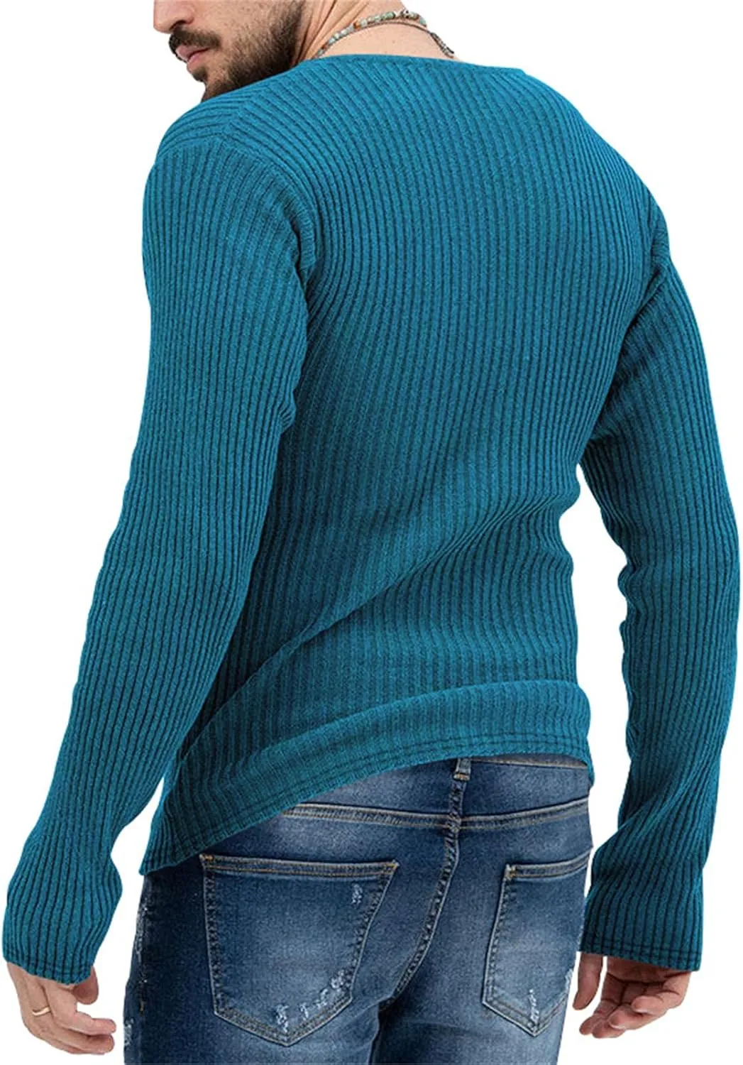 Mens Deep V Neck Sweater Long Sleeve Solid Knitted Jumpers Loose Fitting Rib Knit Pullover Stylish Sweater Tops