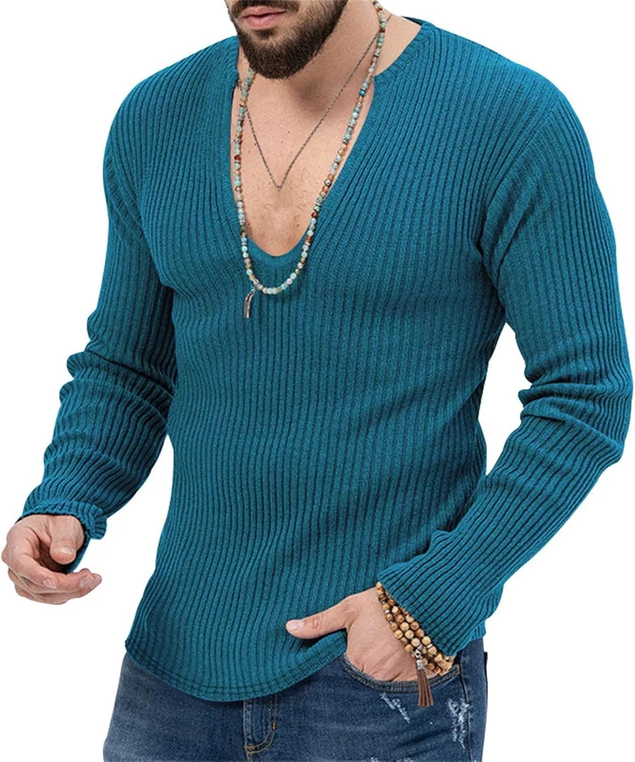 Mens Deep V Neck Sweater Long Sleeve Solid Knitted Jumpers Loose Fitting Rib Knit Pullover Stylish Sweater Tops