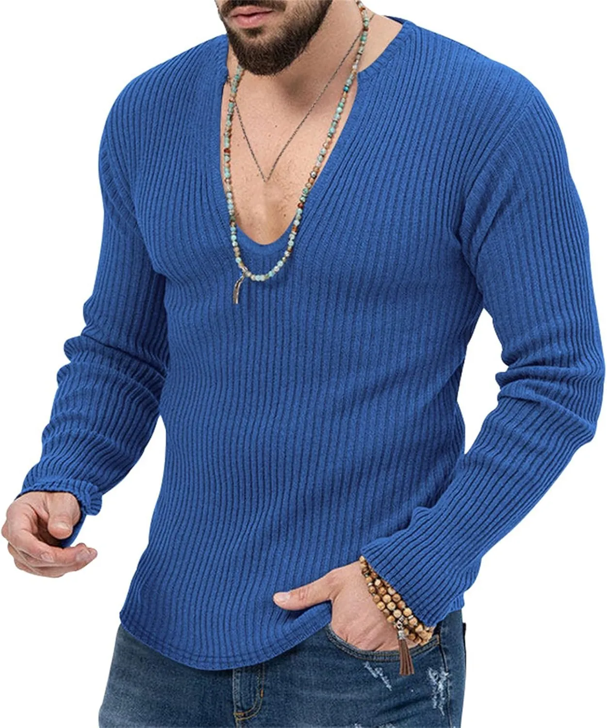 Mens Deep V Neck Sweater Long Sleeve Solid Knitted Jumpers Loose Fitting Rib Knit Pullover Stylish Sweater Tops