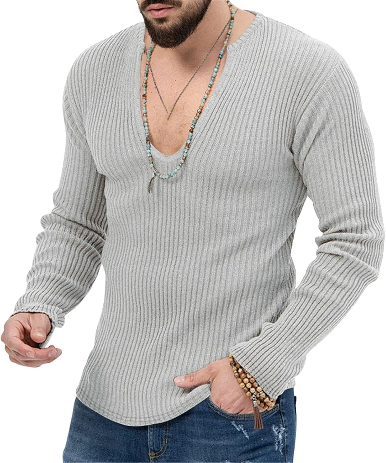 Mens Deep V Neck Sweater Long Sleeve Solid Knitted Jumpers Loose Fitting Rib Knit Pullover Stylish Sweater Tops