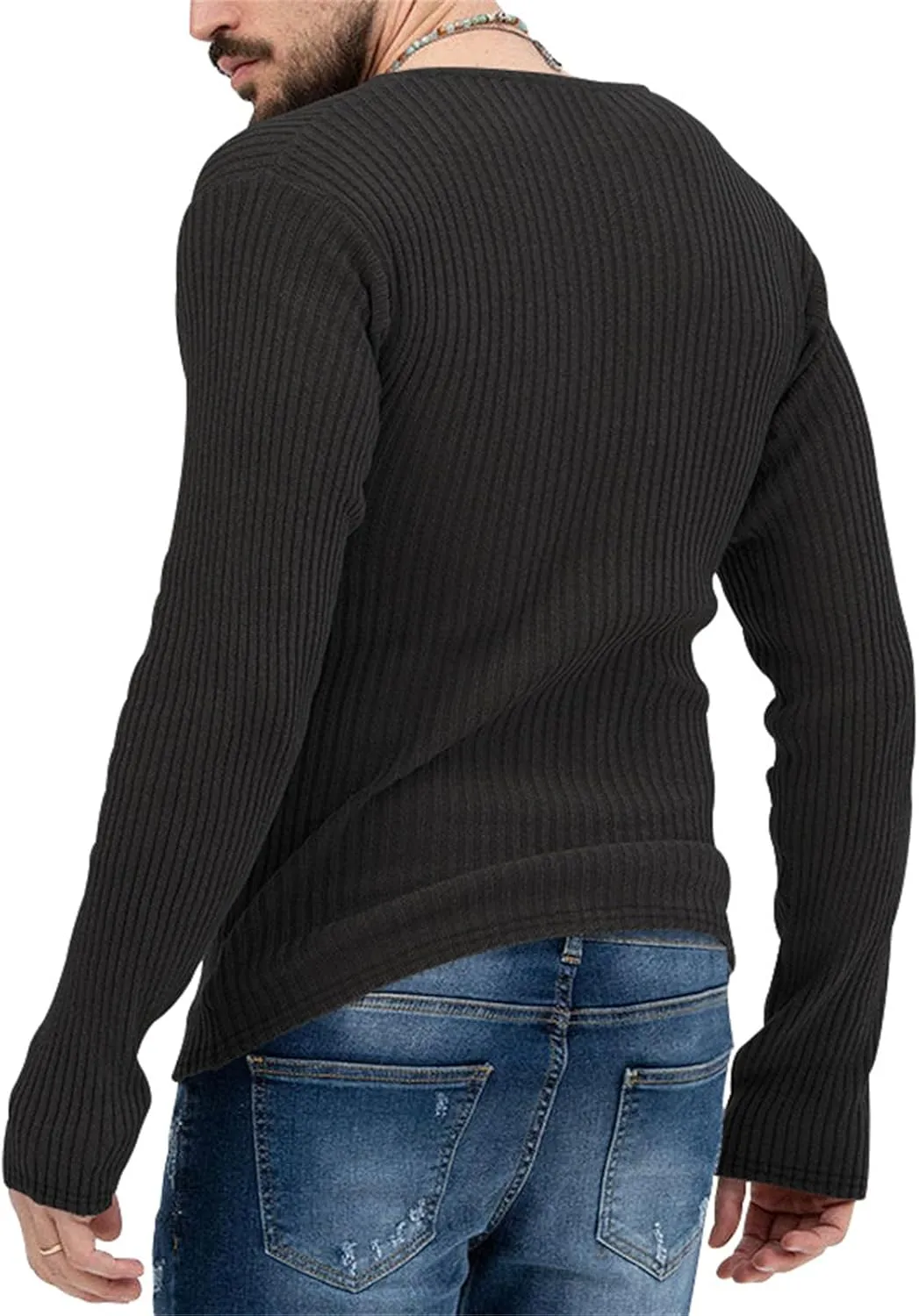 Mens Deep V Neck Sweater Long Sleeve Solid Knitted Jumpers Loose Fitting Rib Knit Pullover Stylish Sweater Tops