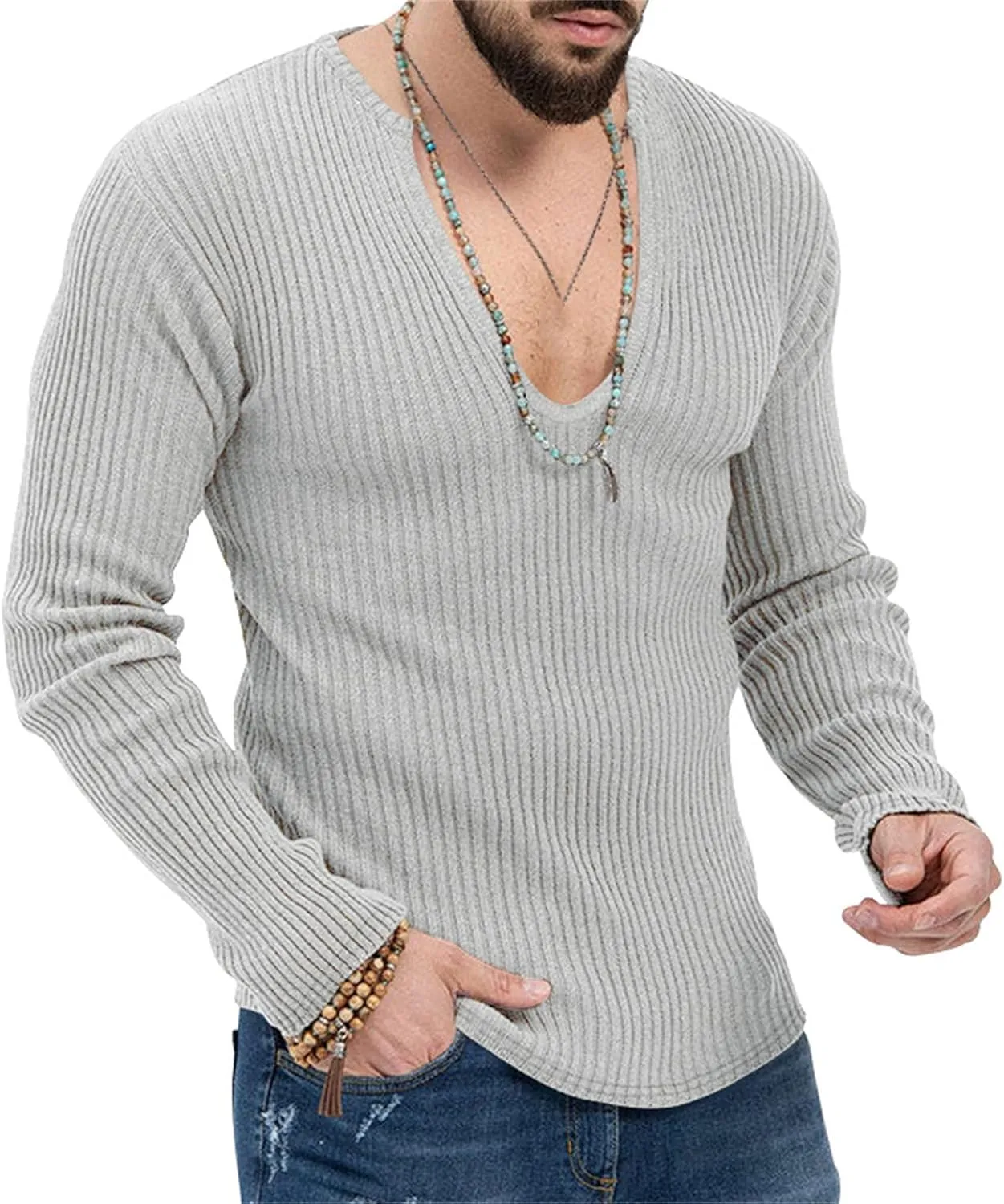 Mens Deep V Neck Sweater Long Sleeve Solid Knitted Jumpers Loose Fitting Rib Knit Pullover Stylish Sweater Tops