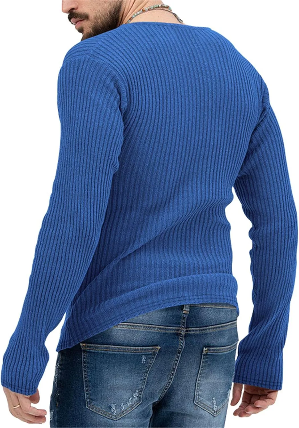 Mens Deep V Neck Sweater Long Sleeve Solid Knitted Jumpers Loose Fitting Rib Knit Pullover Stylish Sweater Tops