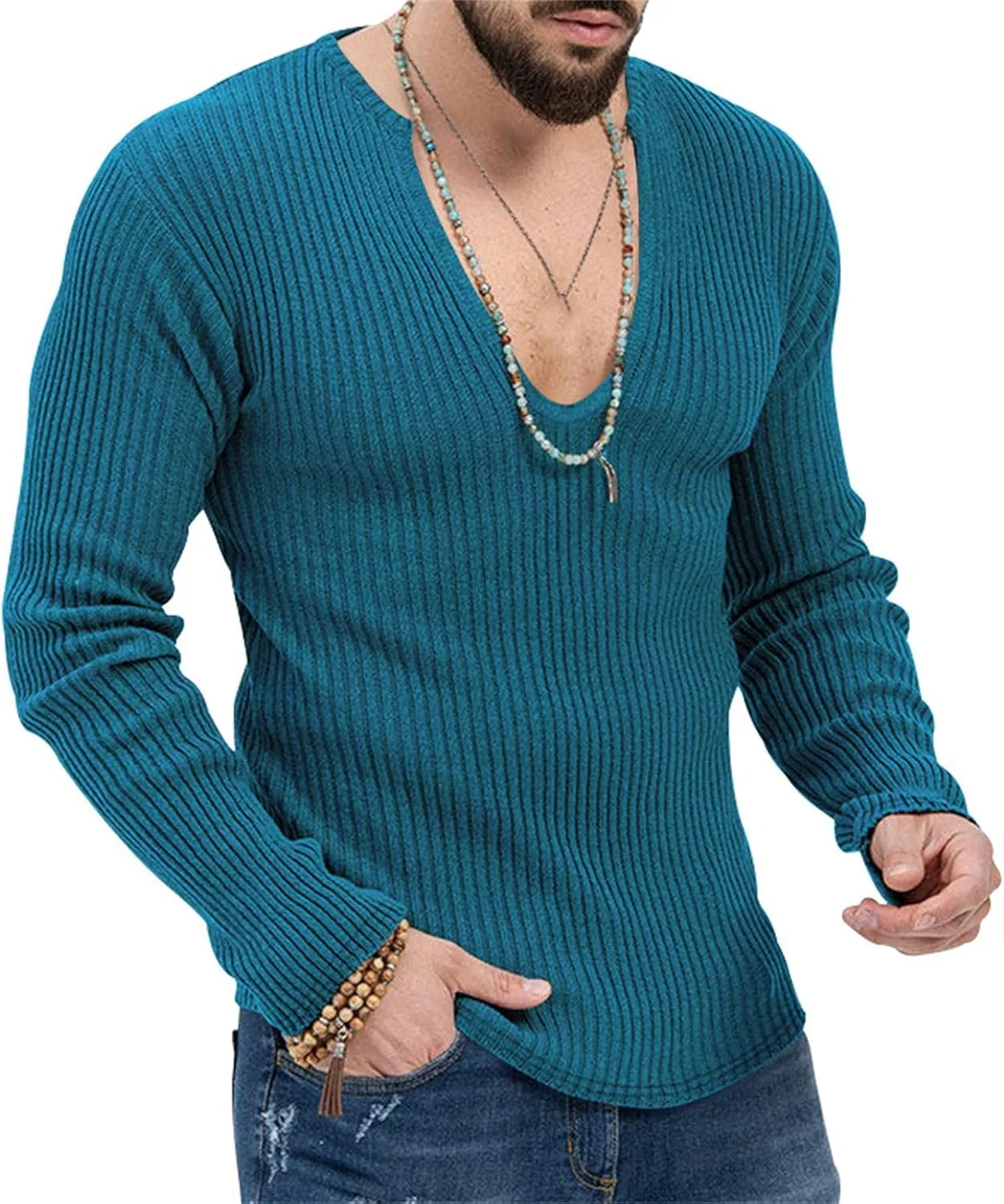 Mens Deep V Neck Sweater Long Sleeve Solid Knitted Jumpers Loose Fitting Rib Knit Pullover Stylish Sweater Tops