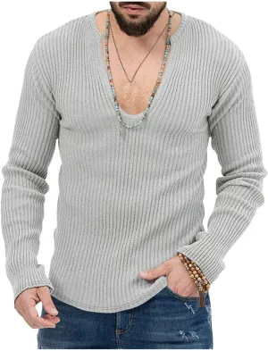 Mens Deep V Neck Sweater Long Sleeve Solid Knitted Jumpers Loose Fitting Rib Knit Pullover Stylish Sweater Tops