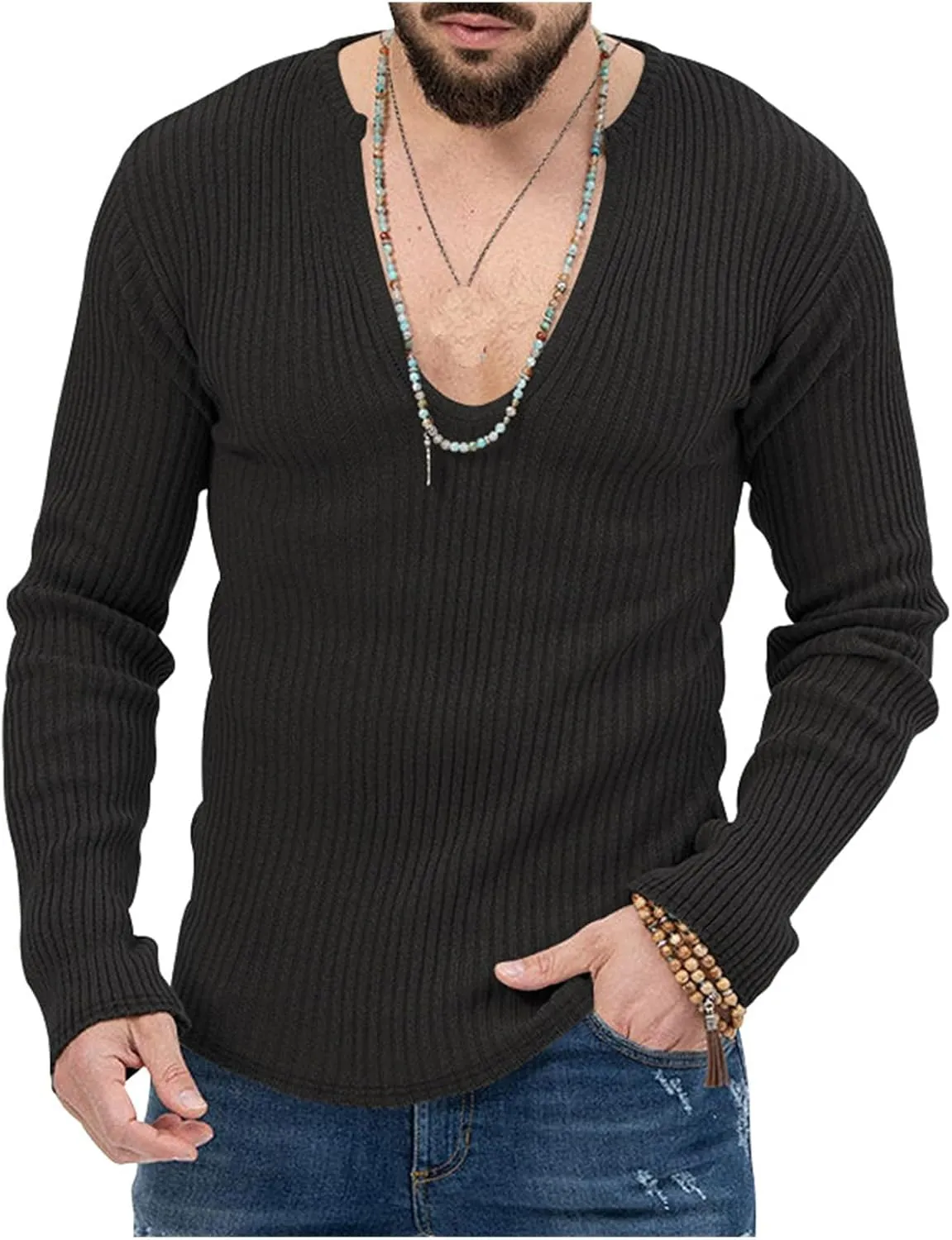 Mens Deep V Neck Sweater Long Sleeve Solid Knitted Jumpers Loose Fitting Rib Knit Pullover Stylish Sweater Tops