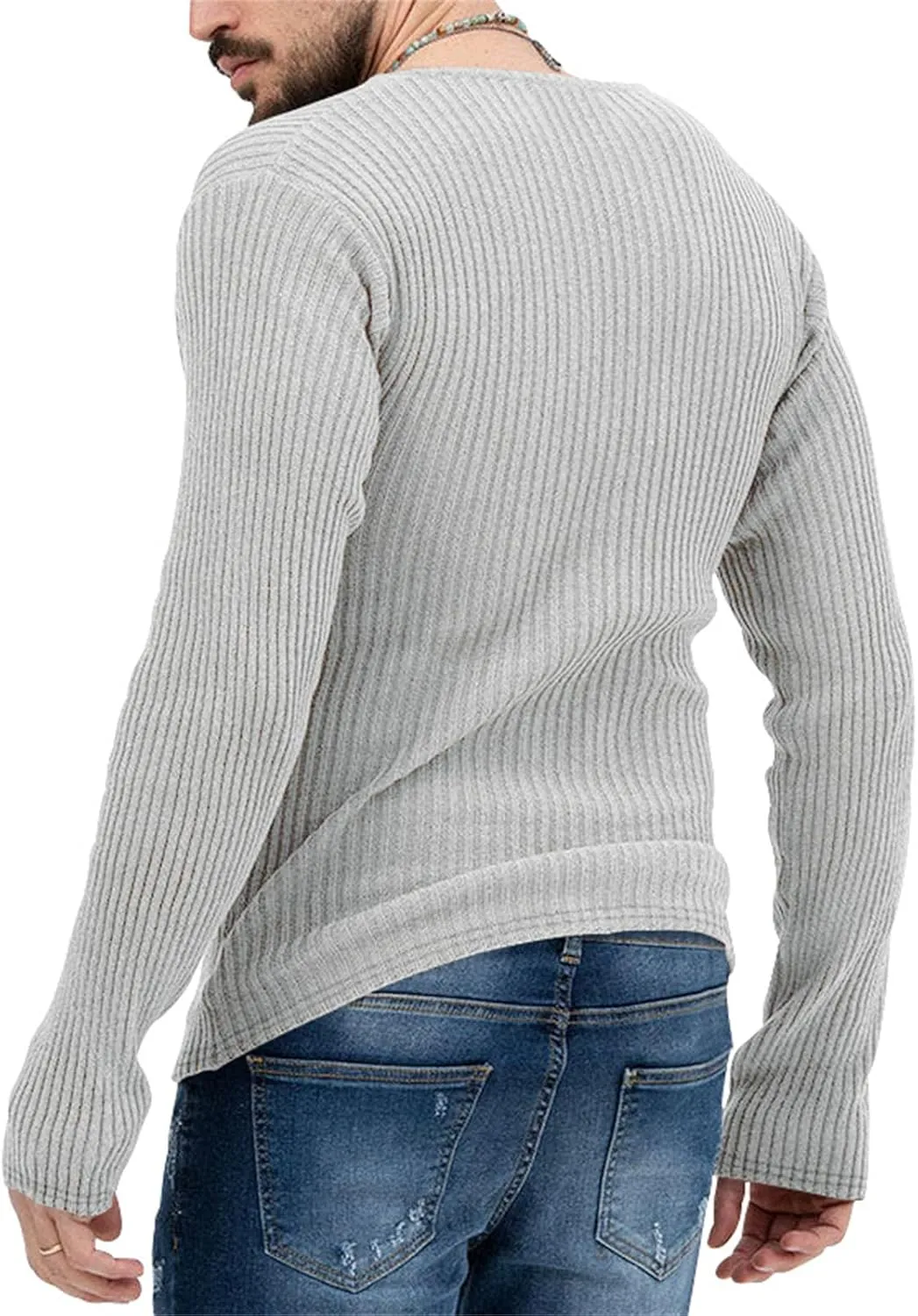 Mens Deep V Neck Sweater Long Sleeve Solid Knitted Jumpers Loose Fitting Rib Knit Pullover Stylish Sweater Tops