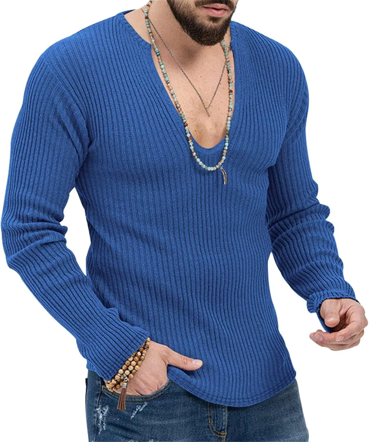 Mens Deep V Neck Sweater Long Sleeve Solid Knitted Jumpers Loose Fitting Rib Knit Pullover Stylish Sweater Tops