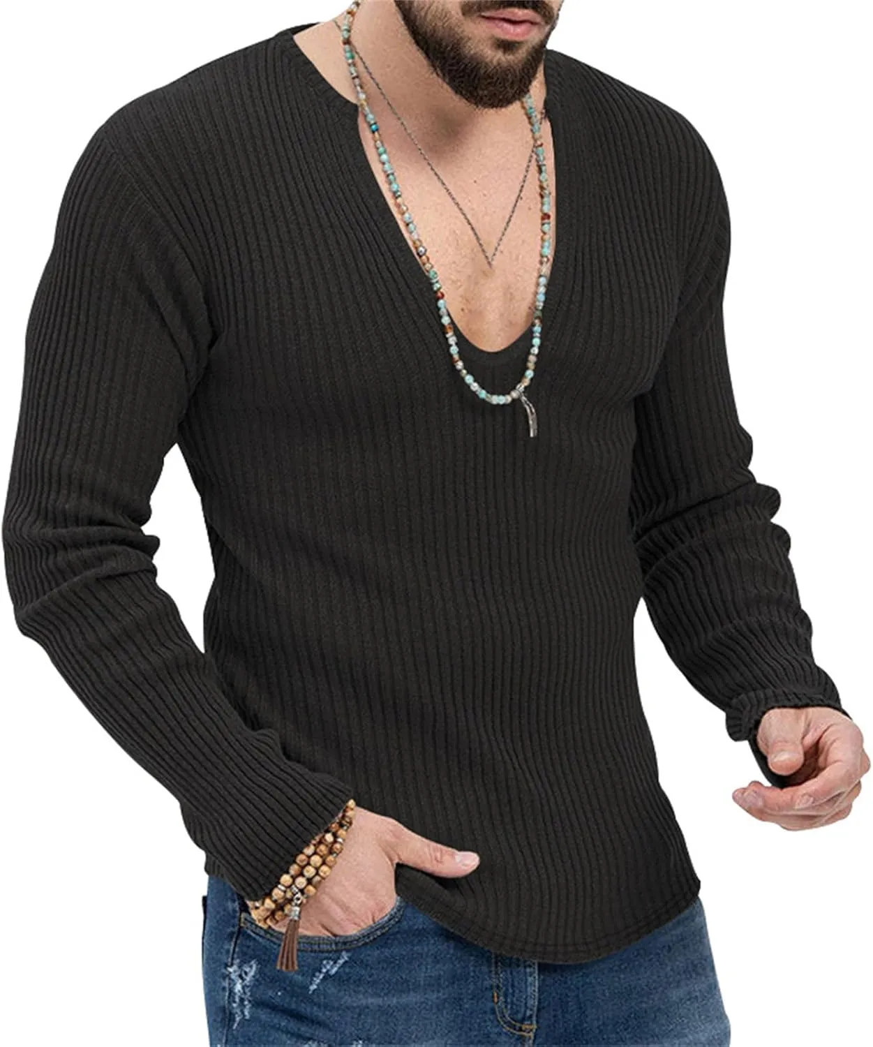 Mens Deep V Neck Sweater Long Sleeve Solid Knitted Jumpers Loose Fitting Rib Knit Pullover Stylish Sweater Tops