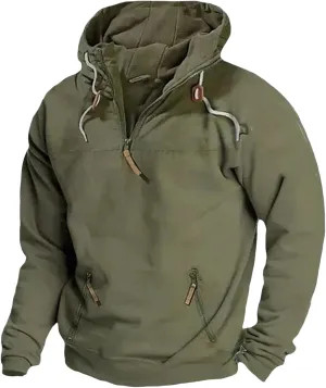 Men's Fall Quarter Zip Tactical Hooded Sweatshirt Multi Pockets Jacket Sportwear Long Sleeve Solid Pullover
