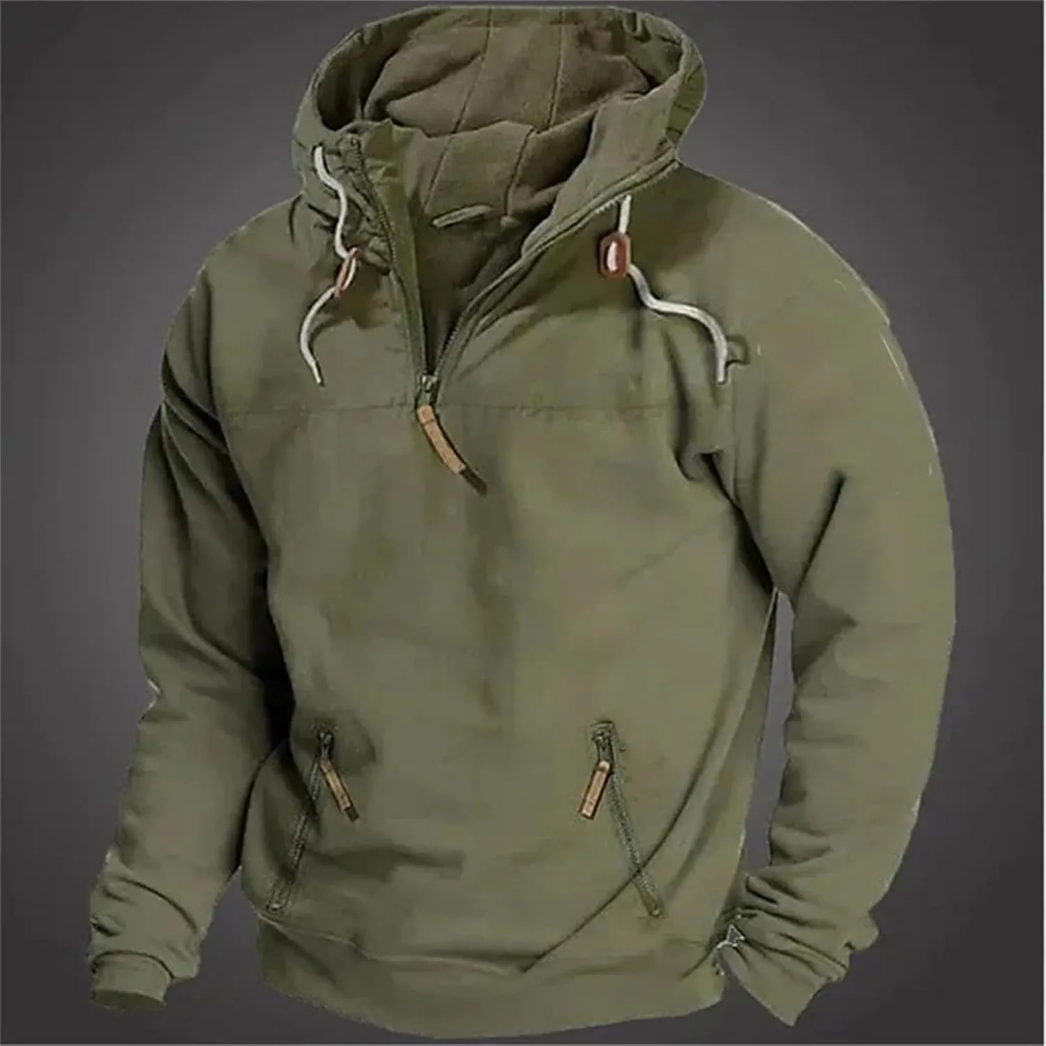 Men's Fall Quarter Zip Tactical Hooded Sweatshirt Multi Pockets Jacket Sportwear Long Sleeve Solid Pullover