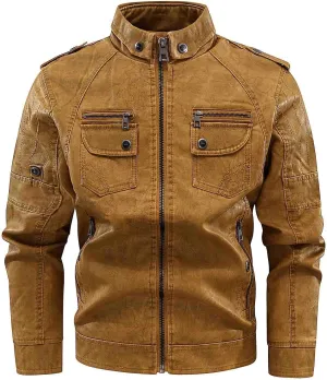 Men's Faux Leather Jackets Fashion Stand Collar Motorcycle Lightweight Leather Jackets Zipper Outerwear Moto Biker Coat