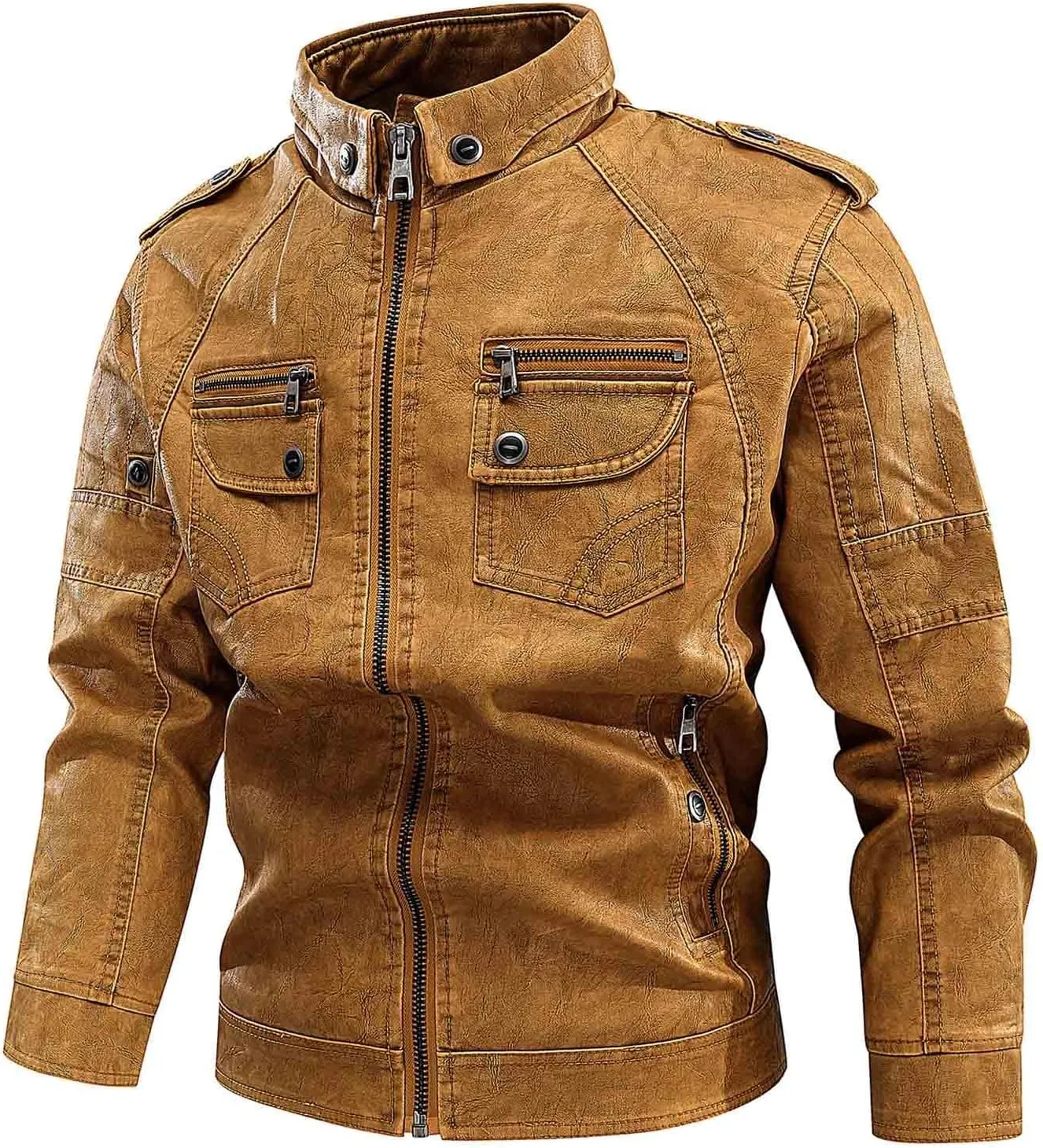 Men's Faux Leather Jackets Fashion Stand Collar Motorcycle Lightweight Leather Jackets Zipper Outerwear Moto Biker Coat