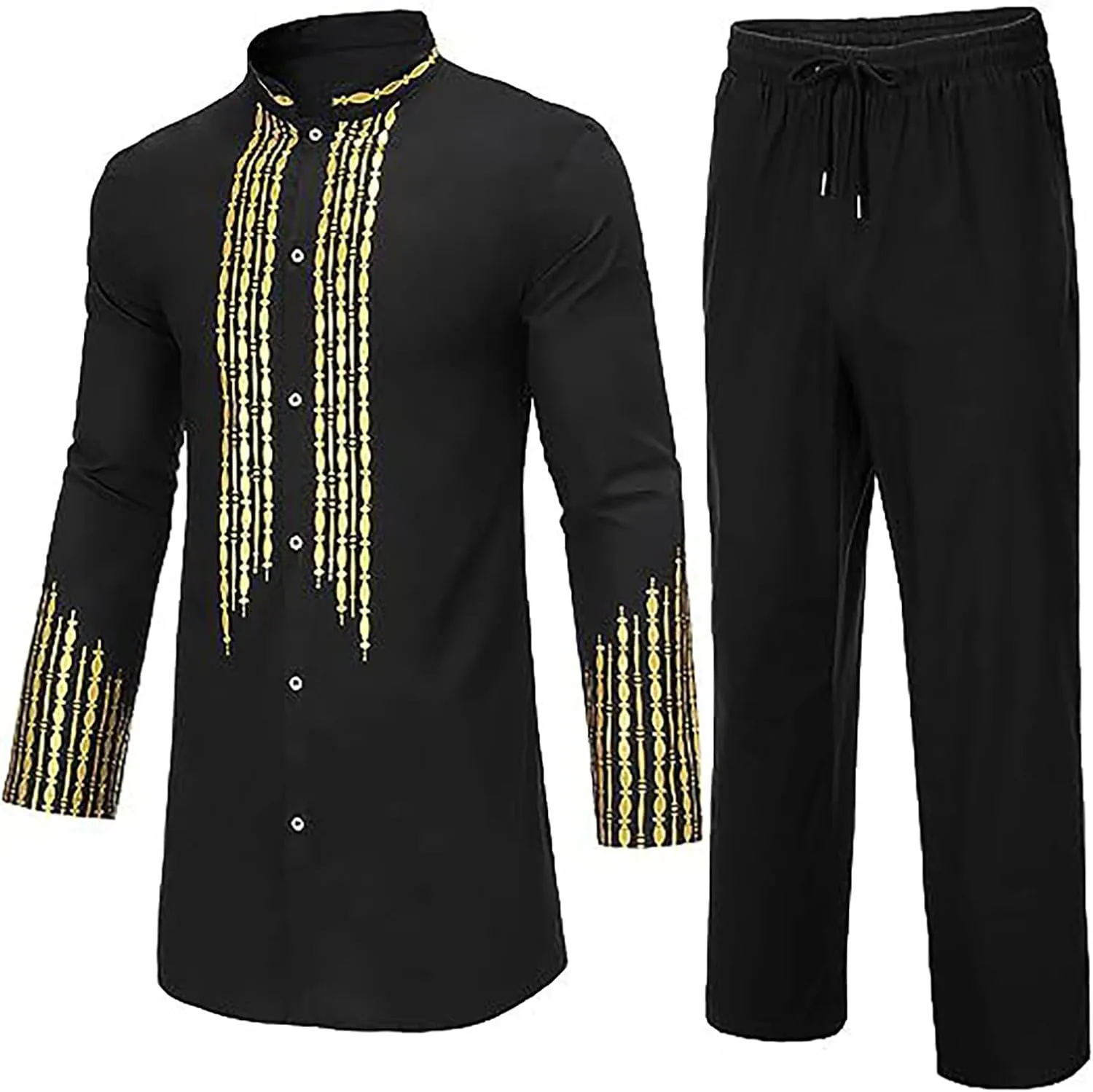 Men's Kaftan Robe Muslim Wrinkle Two Suit Cardigan and Pants Set Men Islamic Caftan Robe Kaftan Ramadan Jubbah 2024