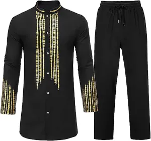 Men's Kaftan Robe Muslim Wrinkle Two Suit Cardigan and Pants Set Men Islamic Caftan Robe Kaftan Ramadan Jubbah 2024