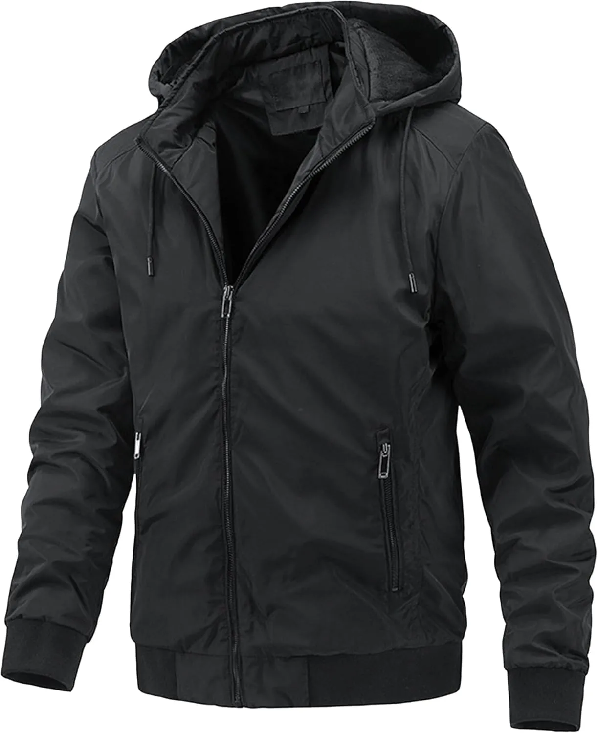 Men's Packable Hooded Bomber Jacket Lightweight Sportwear Zipper Windbreaker Business Casual Cotton Varsity Coat