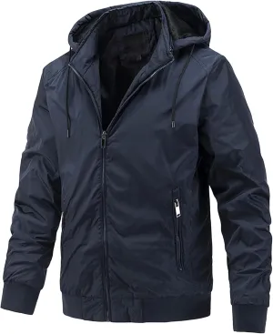 Men's Packable Hooded Bomber Jacket Lightweight Sportwear Zipper Windbreaker Business Casual Cotton Varsity Coat