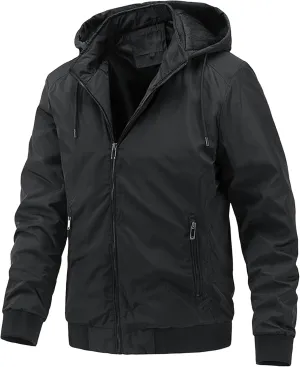 Men's Packable Hooded Bomber Jacket Lightweight Sportwear Zipper Windbreaker Business Casual Cotton Varsity Coat