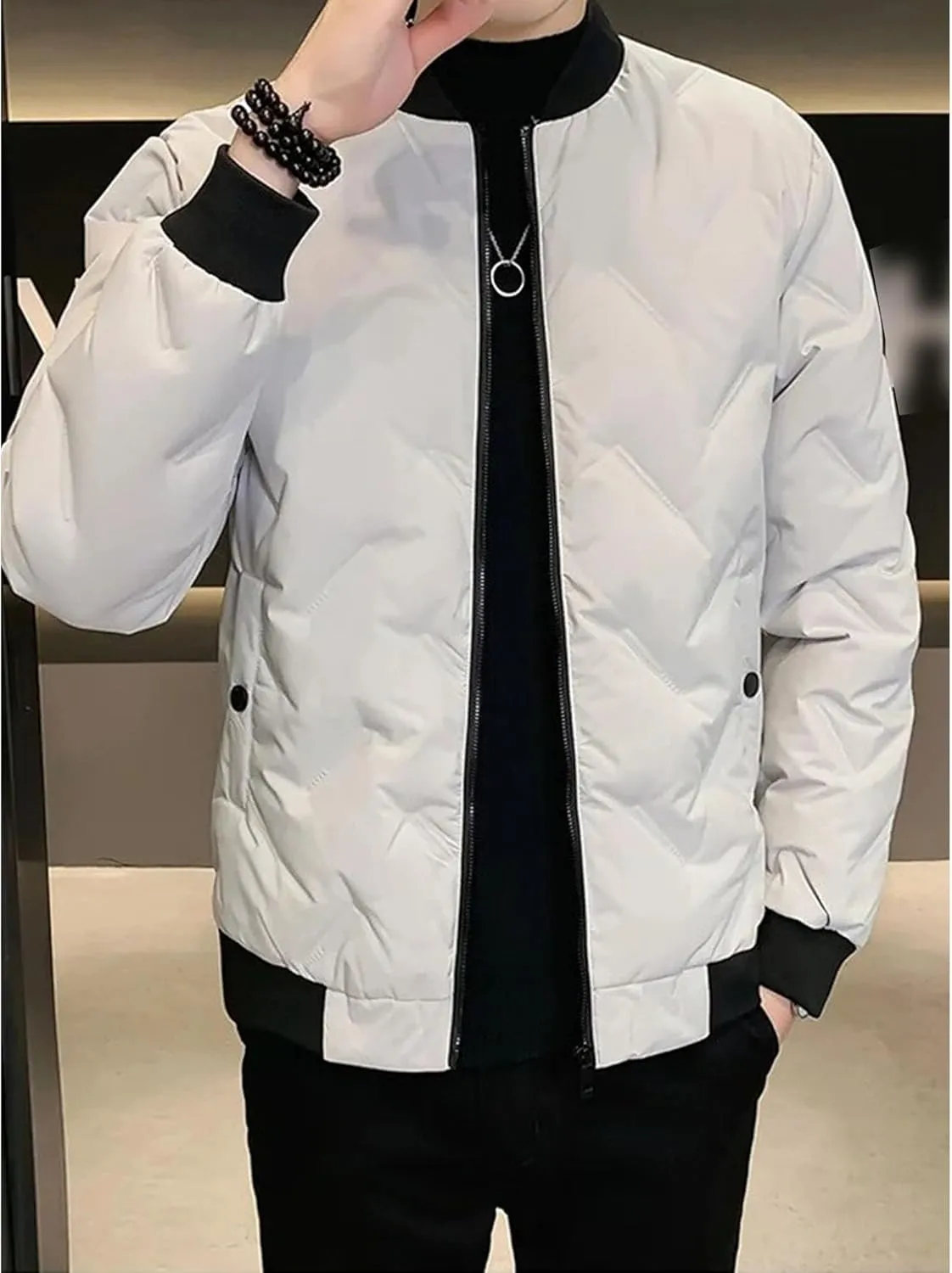 Mens Puffer Quilted Jacket Lightweight Casual Baseball Bomber Jackets Thermal Sportwear Cropped Down Coats