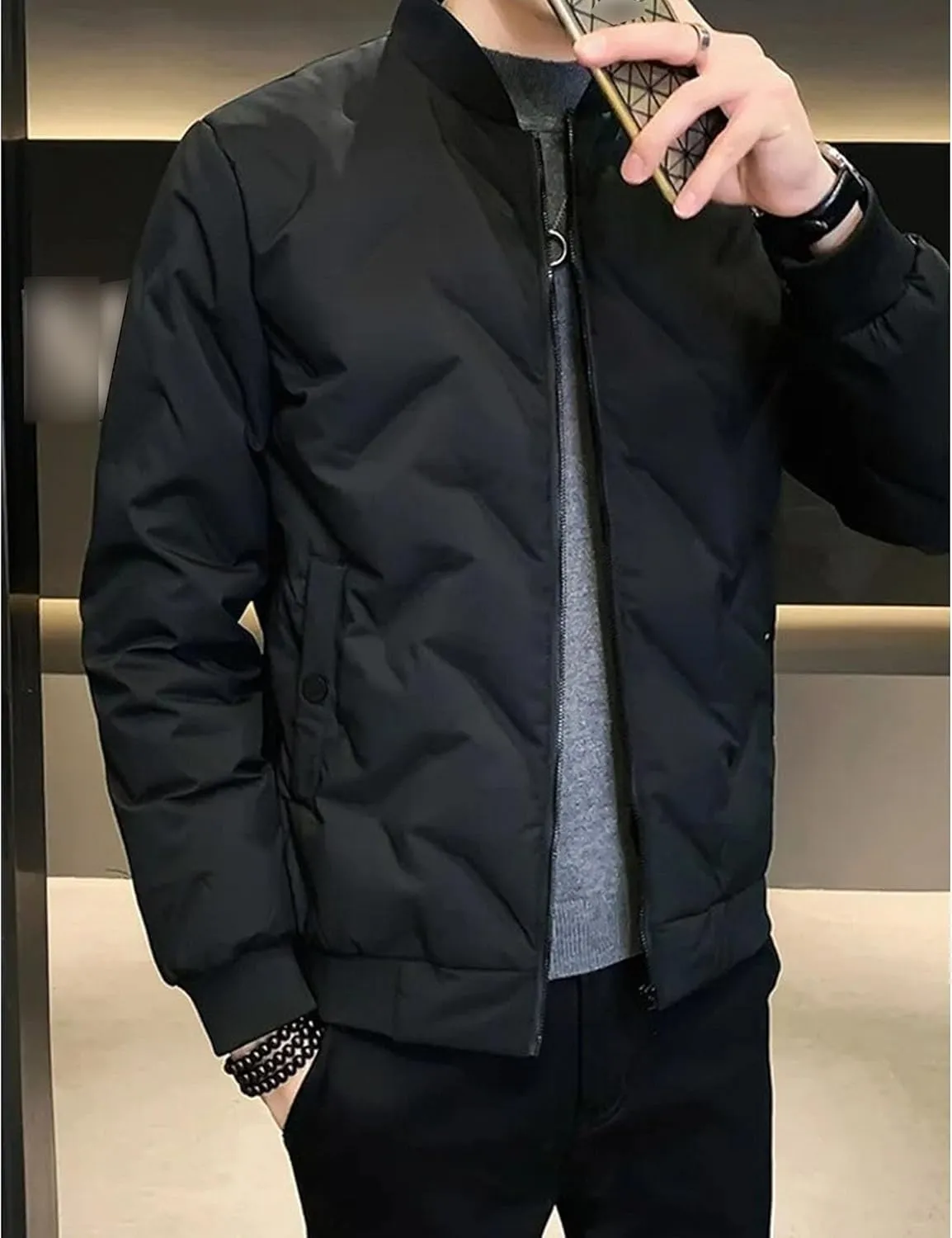 Mens Puffer Quilted Jacket Lightweight Casual Baseball Bomber Jackets Thermal Sportwear Cropped Down Coats
