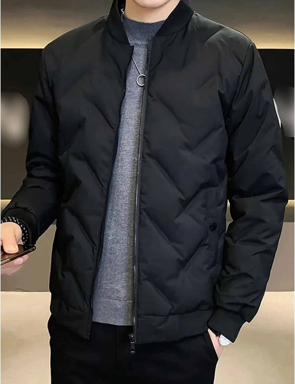 Mens Puffer Quilted Jacket Lightweight Casual Baseball Bomber Jackets Thermal Sportwear Cropped Down Coats