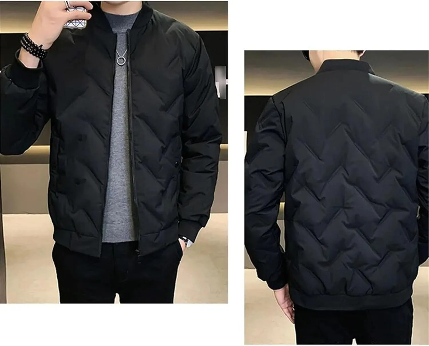 Mens Puffer Quilted Jacket Lightweight Casual Baseball Bomber Jackets Thermal Sportwear Cropped Down Coats